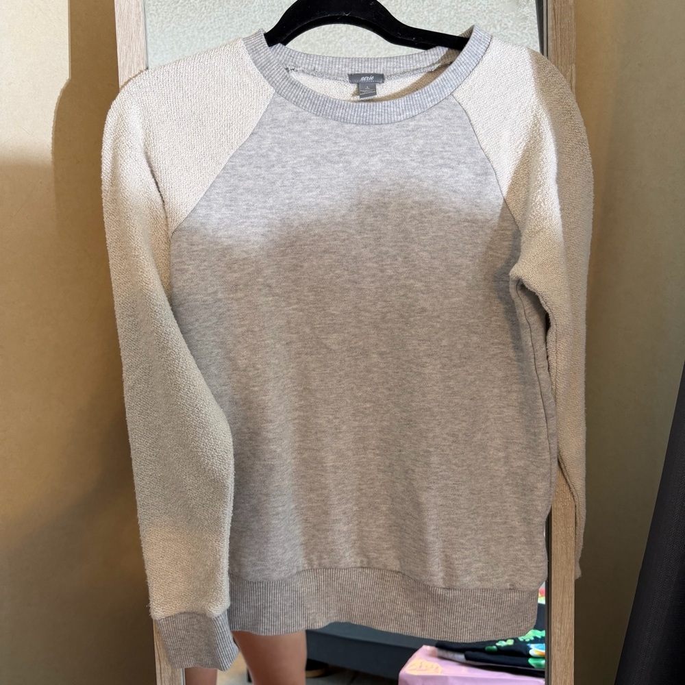 aerie Heather Gray Crewneck Sweater with Cream Raglan Sleeves